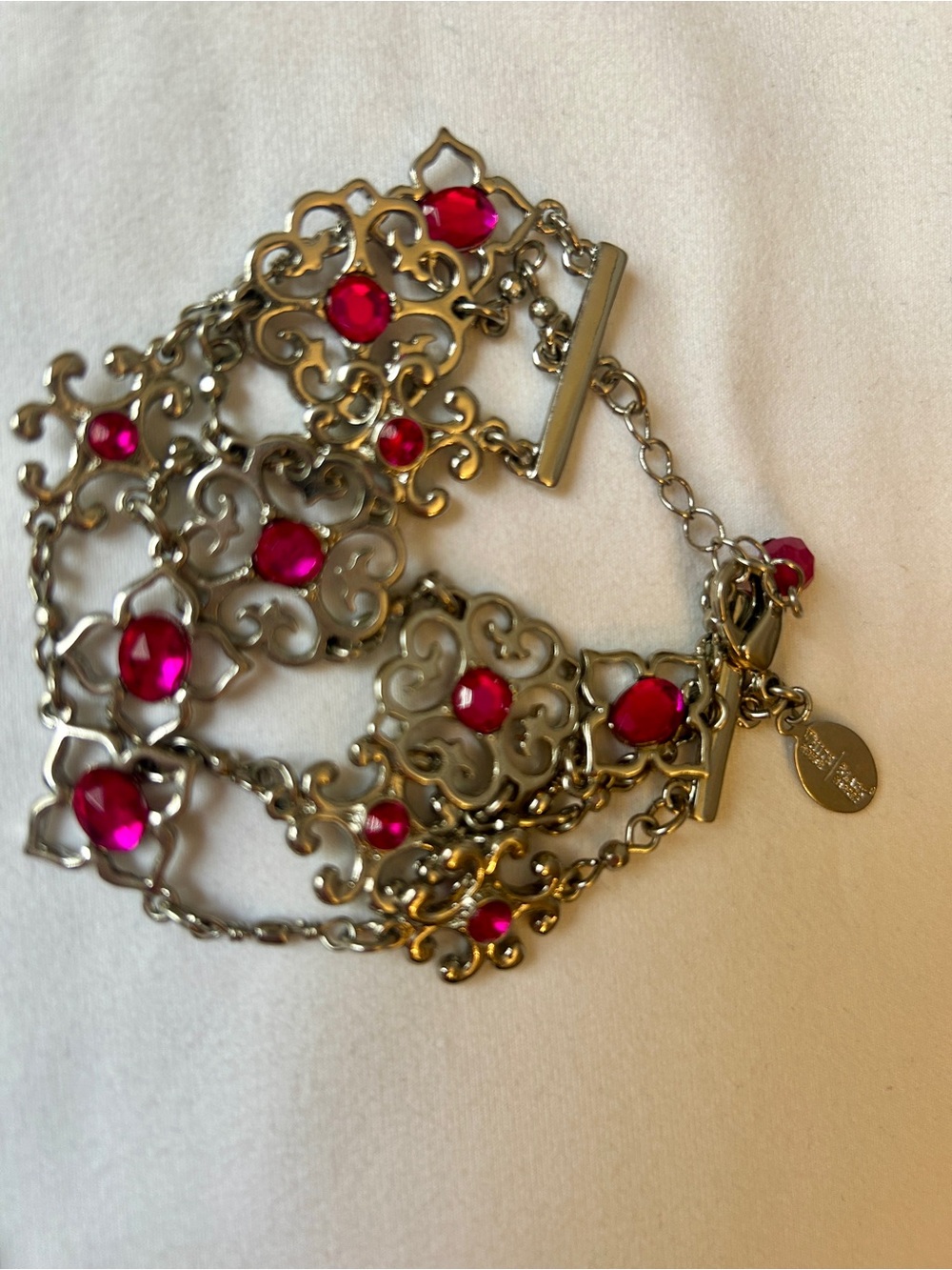White House Black Market Silver-Tone Pink Gem Floral Necklace & Bracelet Set - Picture 3 of 7